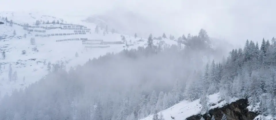 Misty alpine slope with snow fences and frosted forest